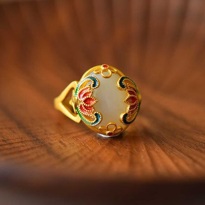 925 Silver Inlaid Red Enamel & White Hetian Nephrite Cabochon Ring - jewelry - weilin.com