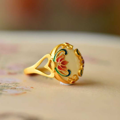925 Silver Inlaid Red Enamel & White Hetian Nephrite Cabochon Ring - jewelry - weilin.com