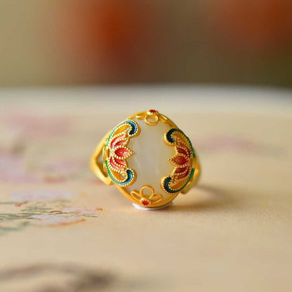 925 Silver Inlaid Red Enamel & White Hetian Nephrite Cabochon Ring - jewelry - weilin.com