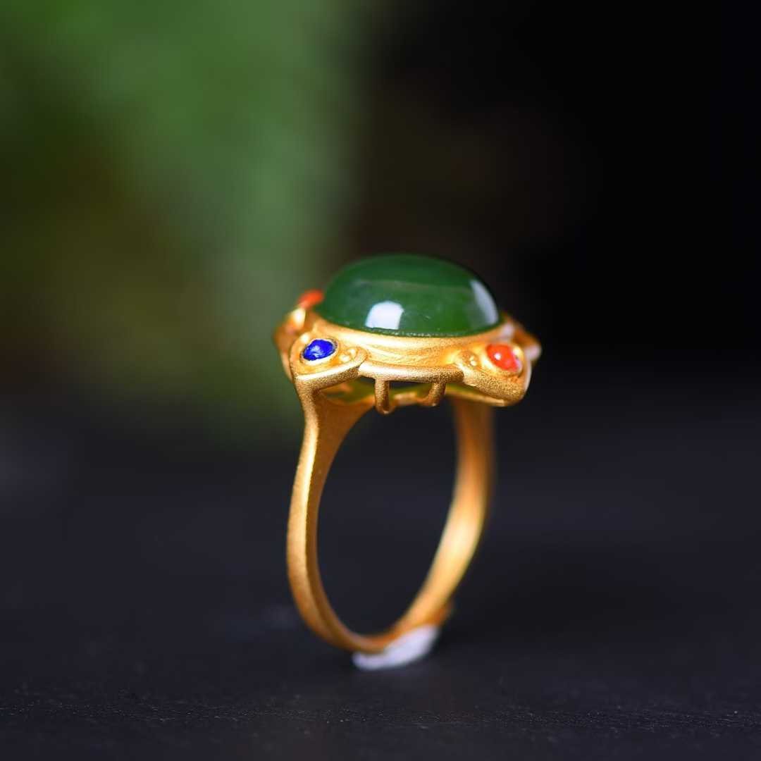 925 Silver Inlaid Vintage - Style Silver & Green Jade Cabochon Ring - jewelry - weilin.com