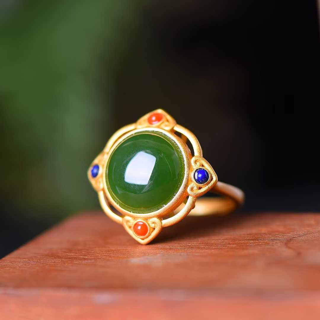 925 Silver Inlaid Vintage - Style Silver & Green Jade Cabochon Ring - jewelry - weilin.com