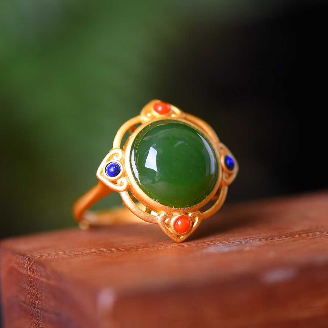 925 Silver Inlaid Vintage - Style Silver & Green Jade Cabochon Ring - jewelry - weilin.com