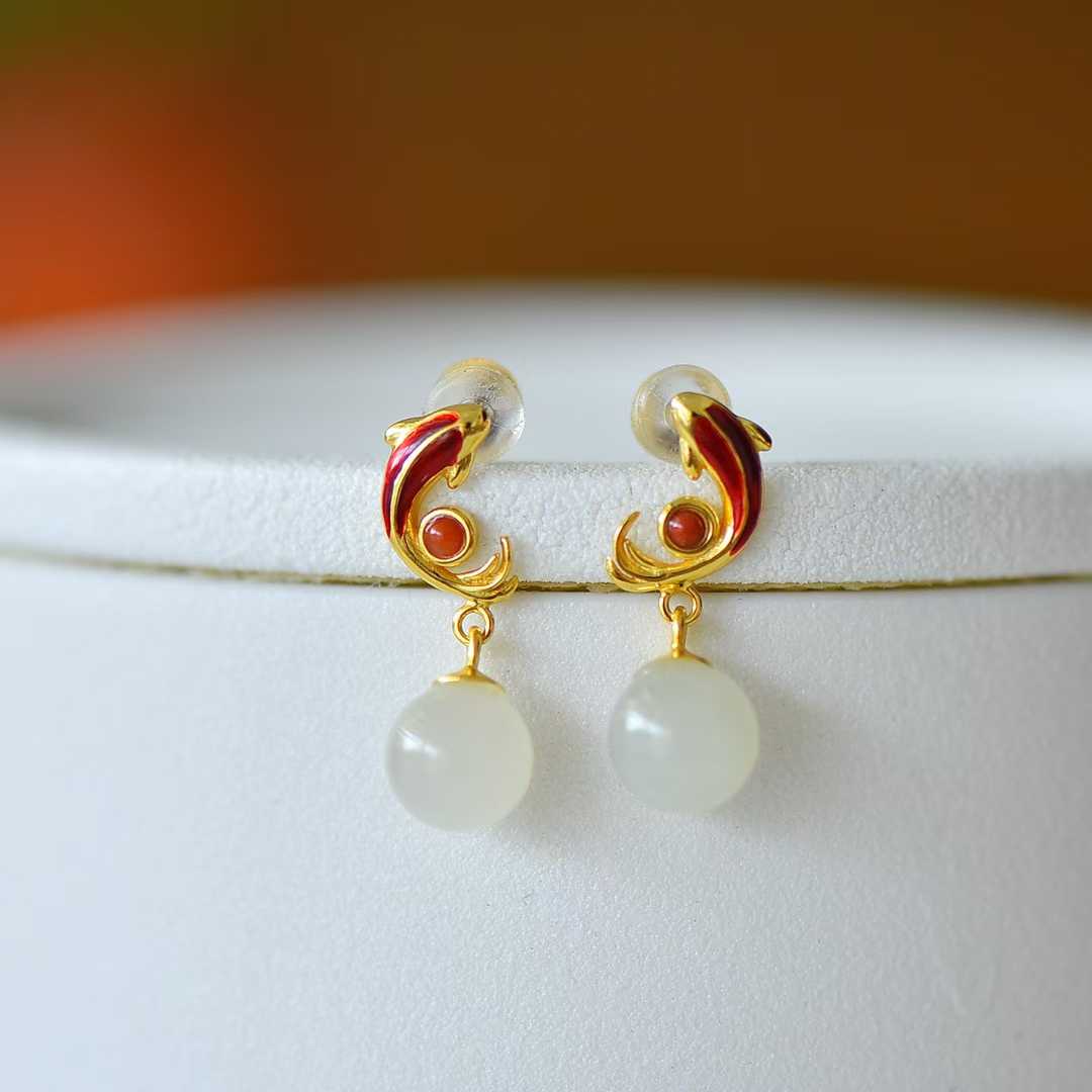 925 Silver Inlaid White Hetian Nephrite "Abundance Every Year" Fish Stud Earrings - jewelry - weilin.com