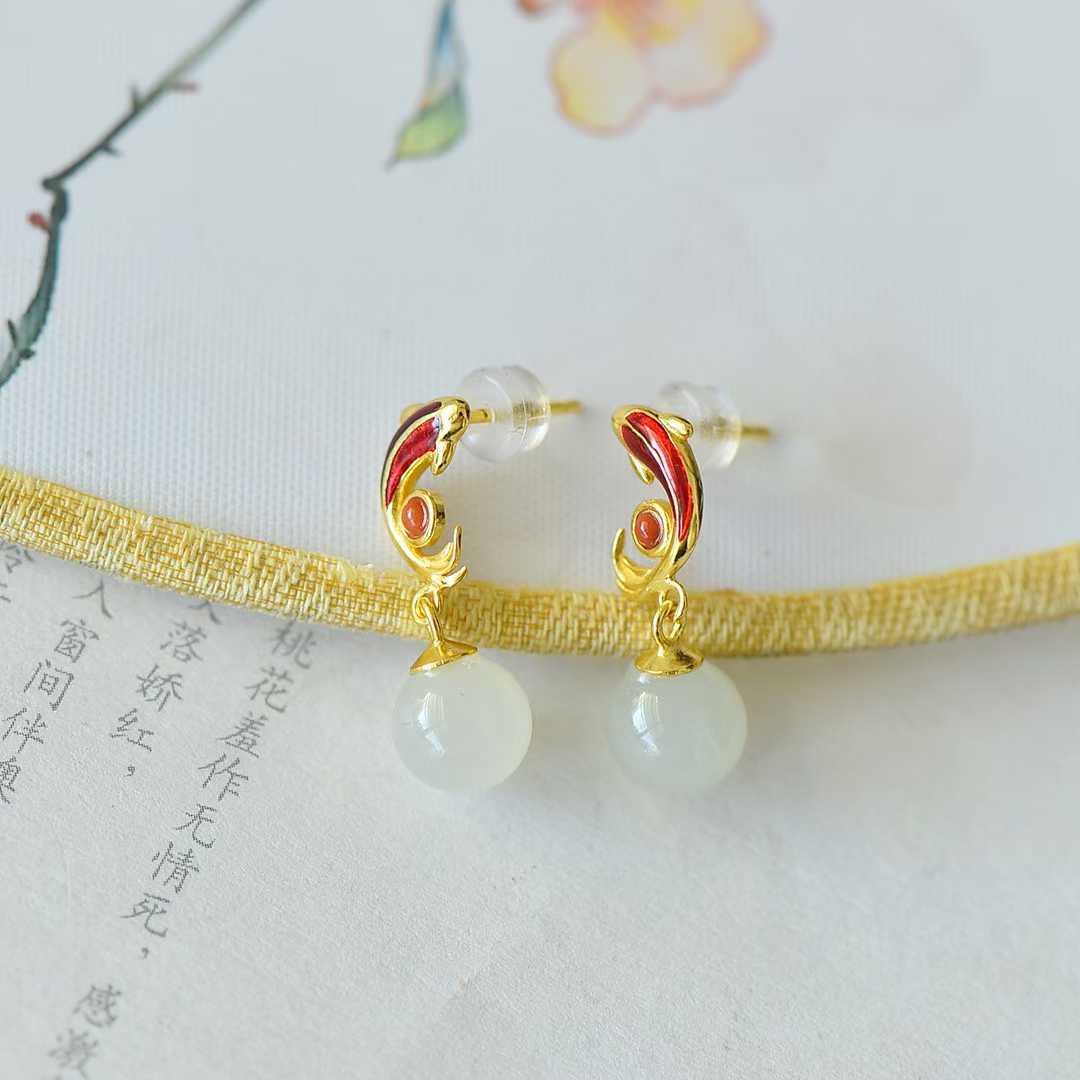 925 Silver Inlaid White Hetian Nephrite "Abundance Every Year" Fish Stud Earrings - jewelry - weilin.com