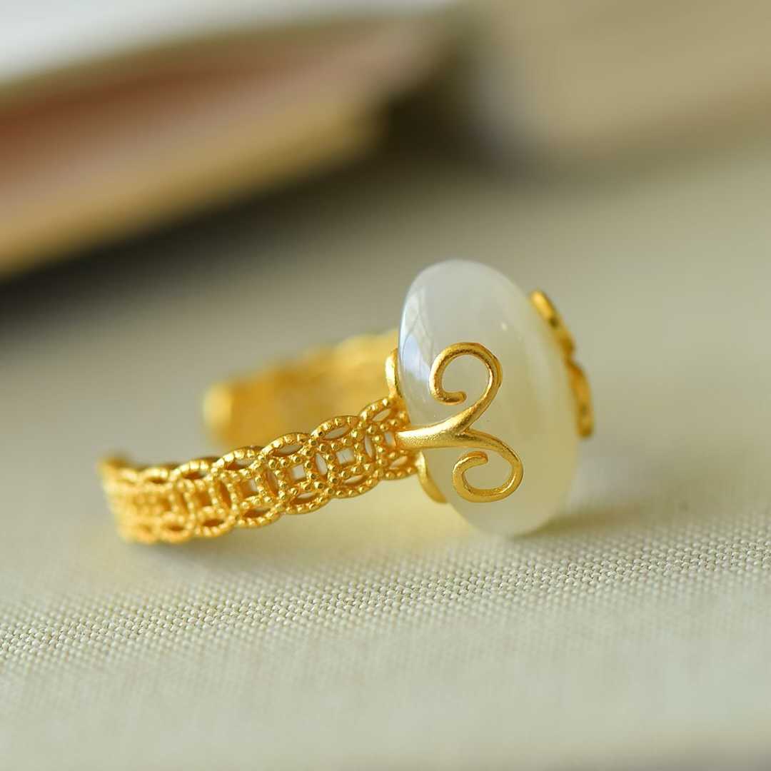 925 Silver Inlaid White Hetian Nephrite "Auspicious Copper Coin" Ring - jewelry - weilin.com