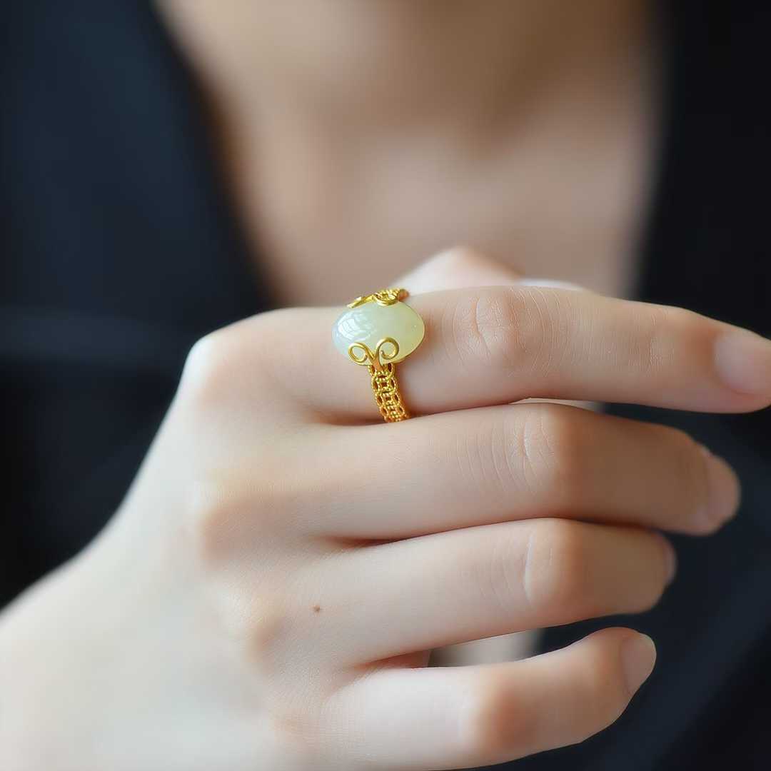 925 Silver Inlaid White Hetian Nephrite "Auspicious Copper Coin" Ring - jewelry - weilin.com