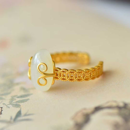 925 Silver Inlaid White Hetian Nephrite "Auspicious Copper Coin" Ring - jewelry - weilin.com