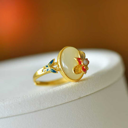 925 Silver Inlaid White Hetian Nephrite "Butterfly on Flower" Ring - jewelry - weilin.com