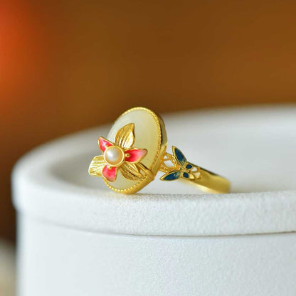925 Silver Inlaid White Hetian Nephrite "Butterfly on Flower" Ring - jewelry - weilin.com
