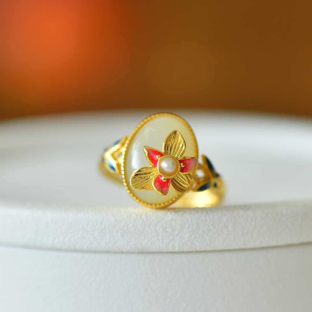 925 Silver Inlaid White Hetian Nephrite "Butterfly on Flower" Ring - jewelry - weilin.com
