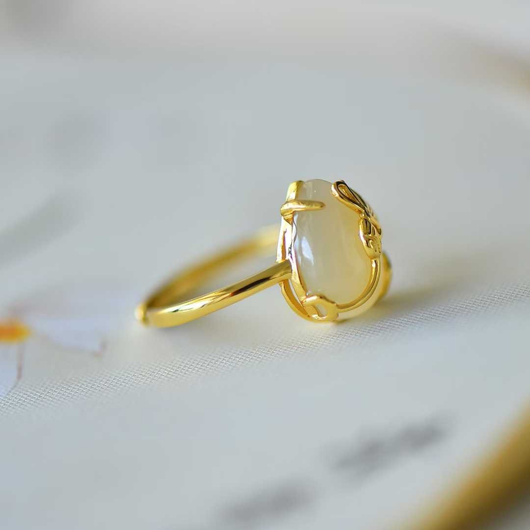 925 Silver Inlaid White Hetian Nephrite "Butterfly on Flower" Teardrop Ring - jewelry - weilin.com