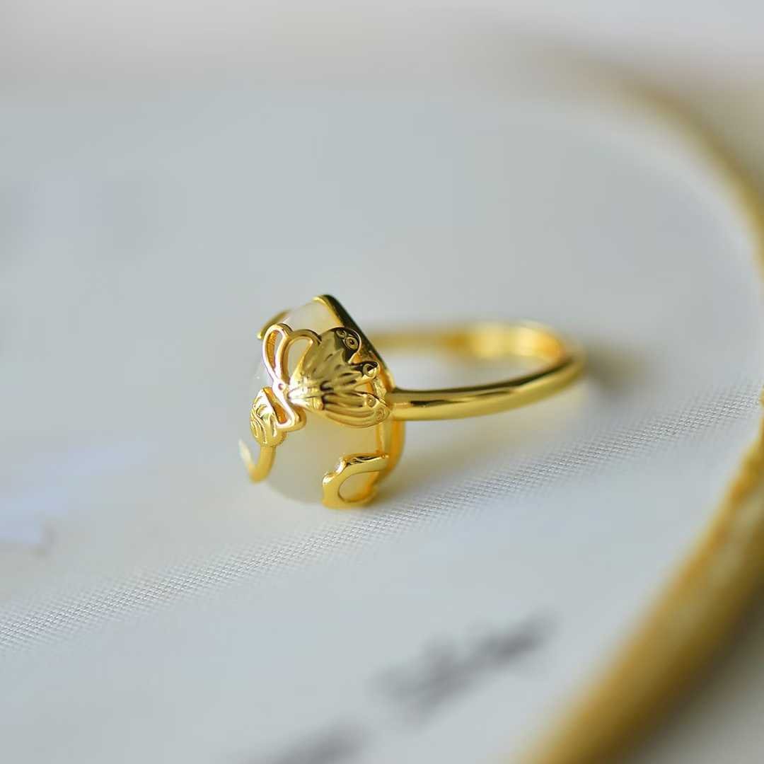 925 Silver Inlaid White Hetian Nephrite "Butterfly on Flower" Teardrop Ring - jewelry - weilin.com