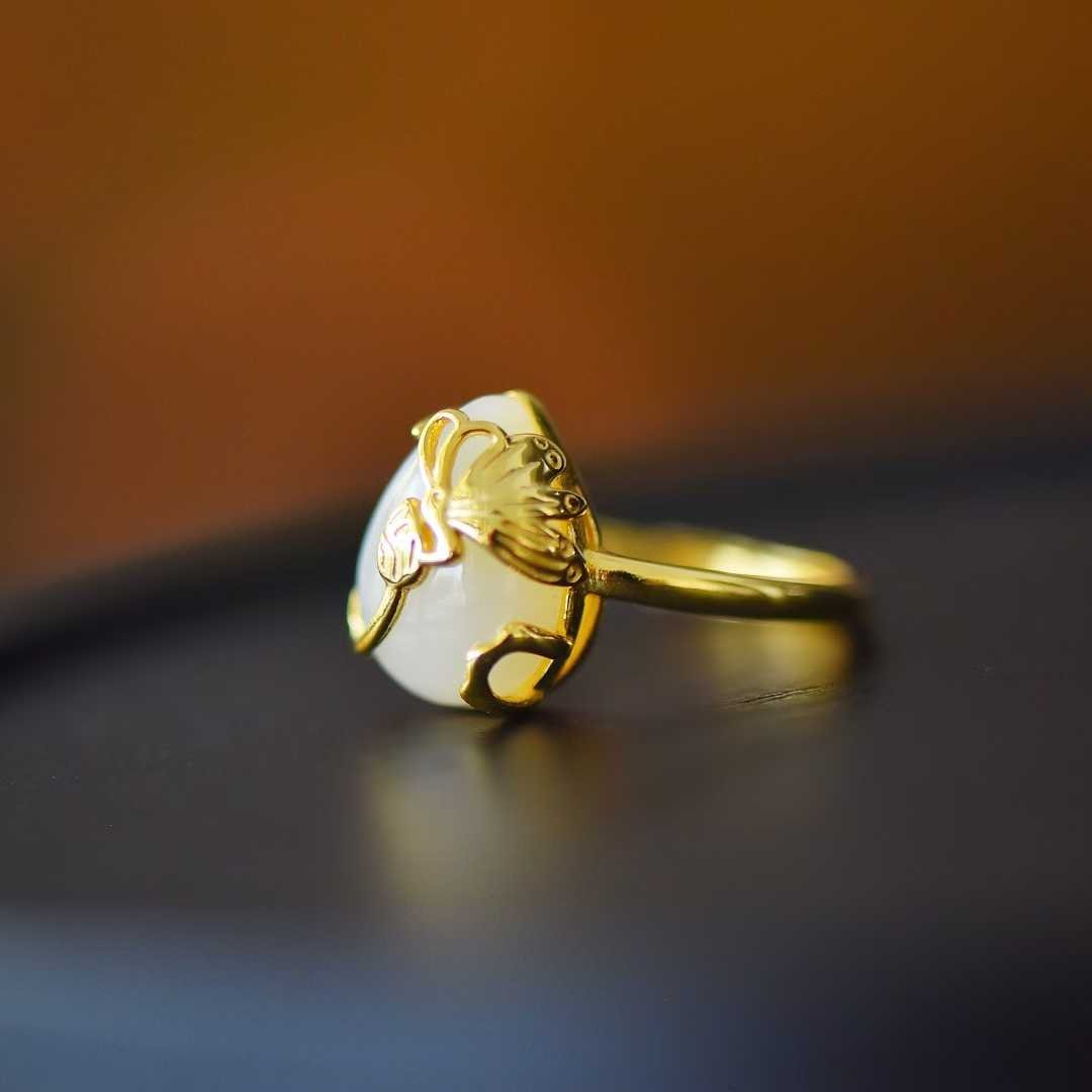 925 Silver Inlaid White Hetian Nephrite "Butterfly on Flower" Teardrop Ring - jewelry - weilin.com