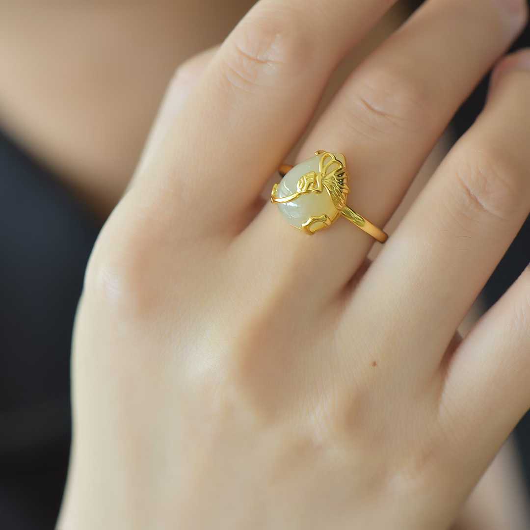 925 Silver Inlaid White Hetian Nephrite "Butterfly on Flower" Teardrop Ring - jewelry - weilin.com