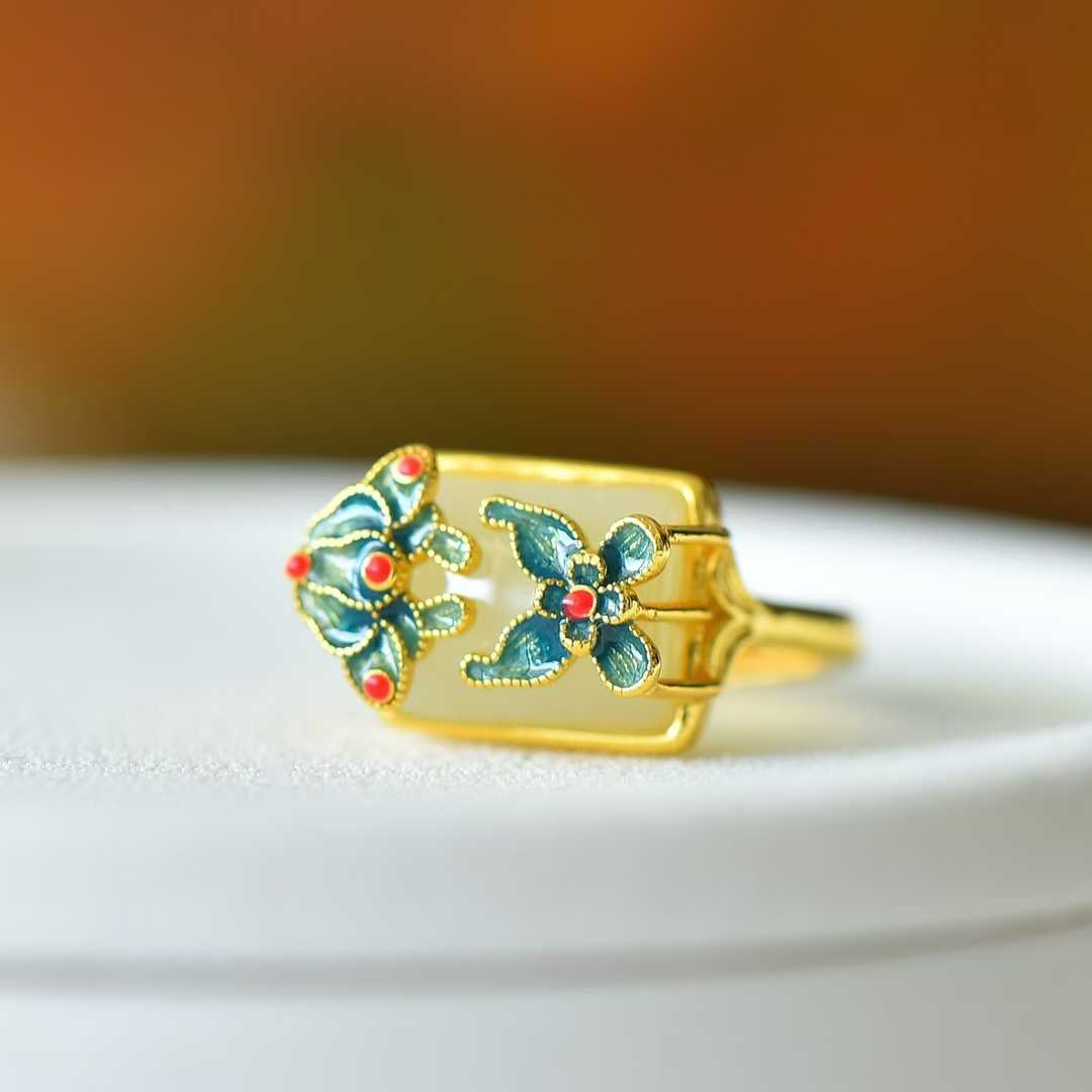 925 Silver Inlaid White Hetian Nephrite "Colorful Butterflies Dancing" Ring - jewelry - weilin.com