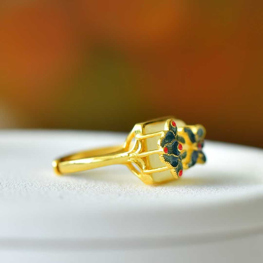 925 Silver Inlaid White Hetian Nephrite "Colorful Butterflies Dancing" Ring - jewelry - weilin.com