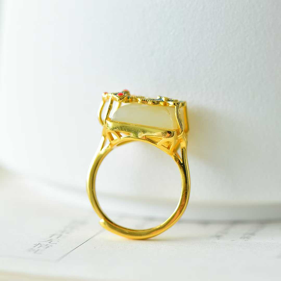925 Silver Inlaid White Hetian Nephrite "Colorful Butterflies Dancing" Ring - jewelry - weilin.com