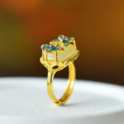 925 Silver Inlaid White Hetian Nephrite "Colorful Butterflies Dancing" Ring - jewelry - weilin.com