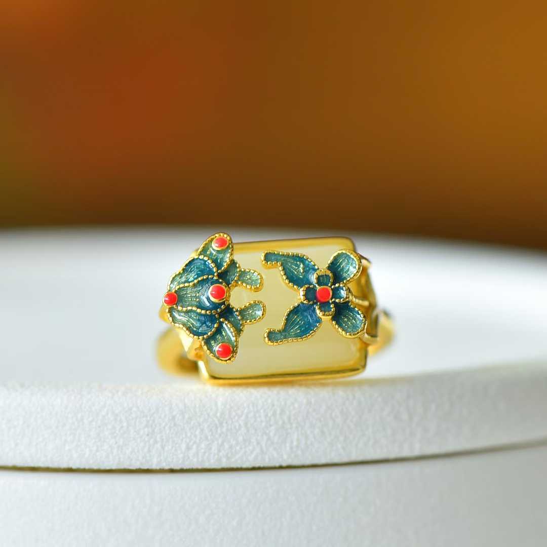 925 Silver Inlaid White Hetian Nephrite "Colorful Butterflies Dancing" Ring - jewelry - weilin.com