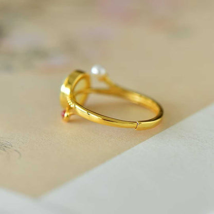 925 Silver Inlaid White Hetian Nephrite "Complete & Perfect" Round Ring - jewelry - weilin.com