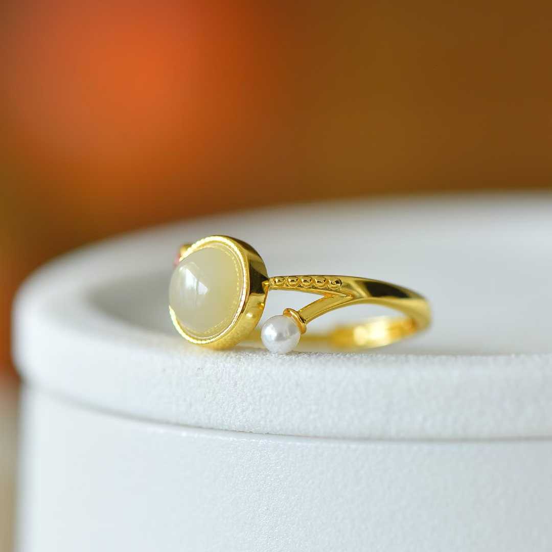 925 Silver Inlaid White Hetian Nephrite "Complete & Perfect" Round Ring - jewelry - weilin.com