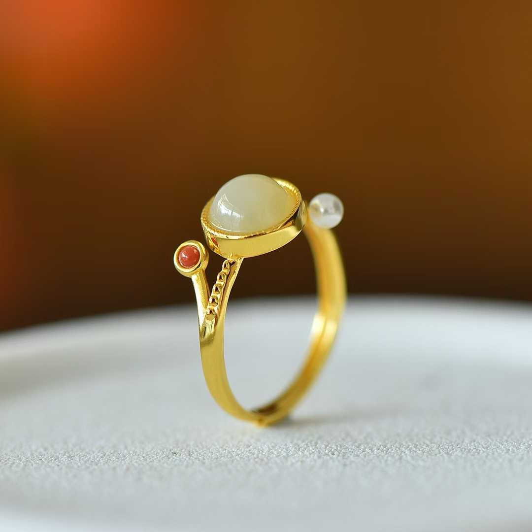 925 Silver Inlaid White Hetian Nephrite "Complete & Perfect" Round Ring - jewelry - weilin.com