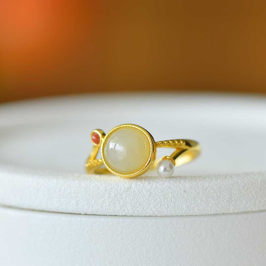 925 Silver Inlaid White Hetian Nephrite "Complete & Perfect" Round Ring - jewelry - weilin.com