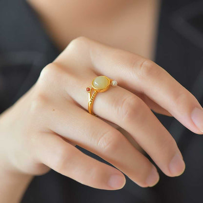 925 Silver Inlaid White Hetian Nephrite "Complete & Perfect" Round Ring - jewelry - weilin.com