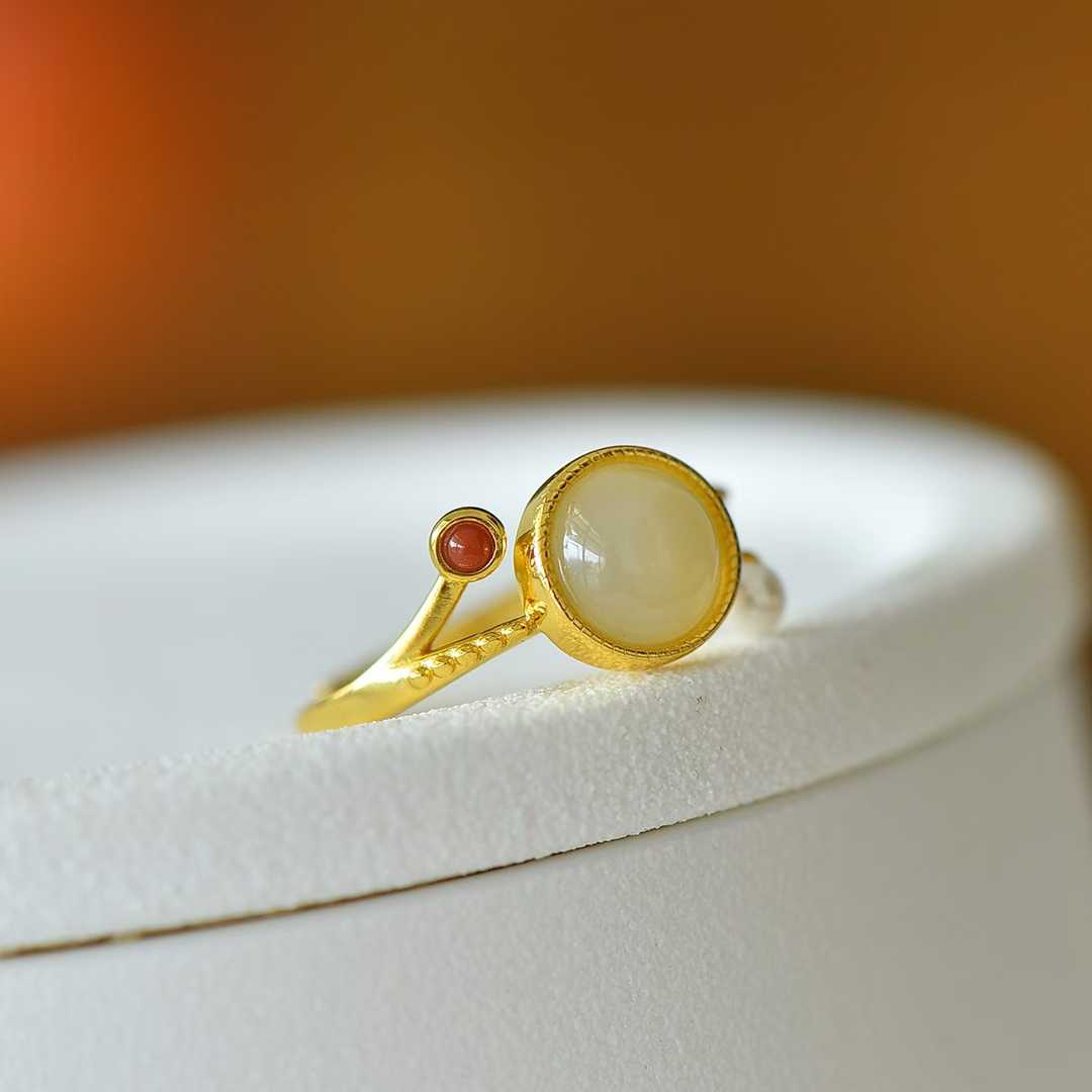 925 Silver Inlaid White Hetian Nephrite "Complete & Perfect" Round Ring - jewelry - weilin.com