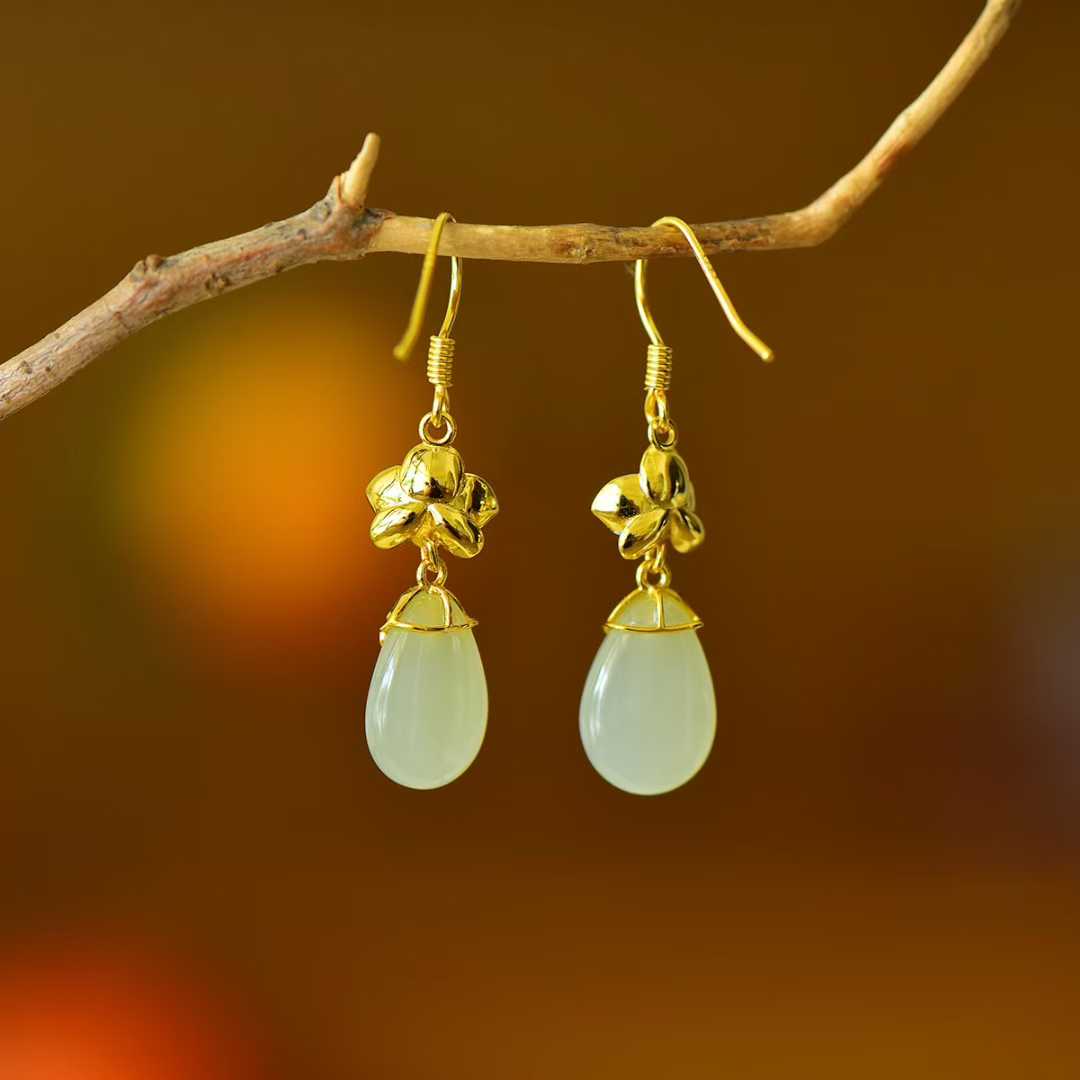 925 Silver Inlaid White Hetian Nephrite "Golden Breeze & Jade Dew" Orchid Stud Earrings - jewelry - weilin.com