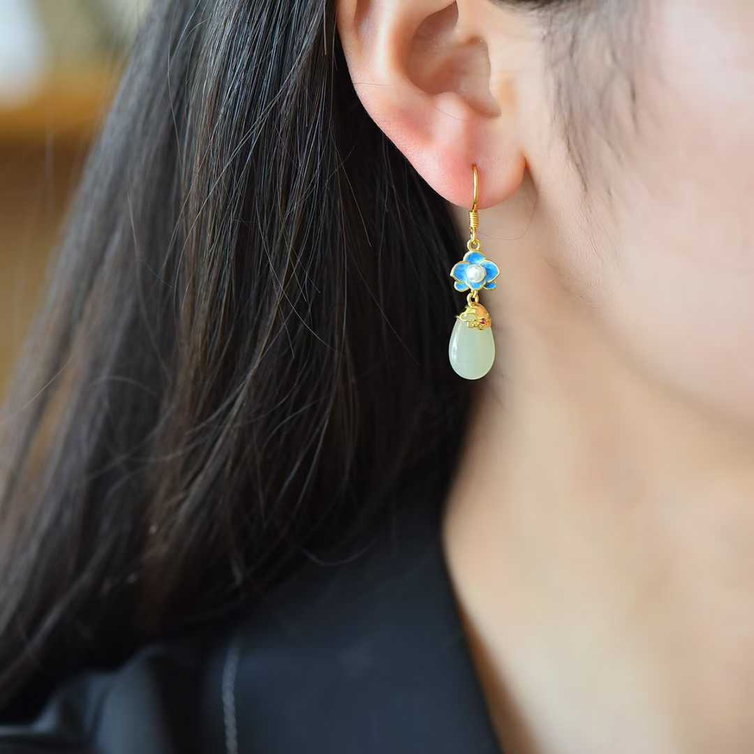 925 Silver Inlaid White Hetian Nephrite "Golden Breeze & Jade Dew" Orchid Stud Earrings - jewelry - weilin.com