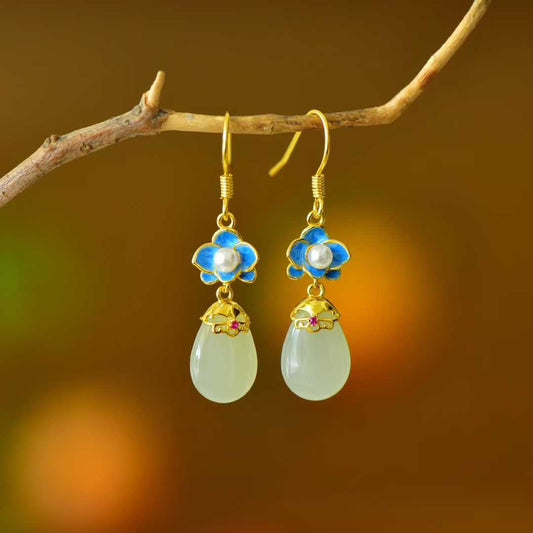 925 Silver Inlaid White Hetian Nephrite "Golden Breeze & Jade Dew" Orchid Stud Earrings - jewelry - weilin.com