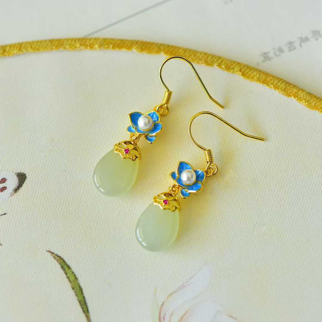 925 Silver Inlaid White Hetian Nephrite "Golden Breeze & Jade Dew" Orchid Stud Earrings - jewelry - weilin.com