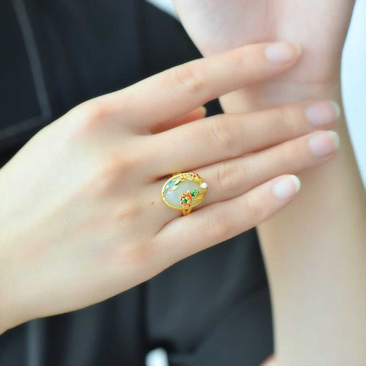925 Silver Inlaid White Hetian Nephrite "Goldfish & Continuous Years" Auspicious Ring - jewelry - weilin.com