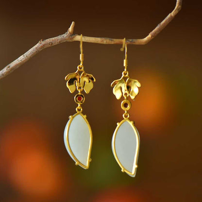 925 Silver Inlaid White Hetian Nephrite "Great Achievement" Willow Leaf Dangle Earrings - jewelry - weilin.com