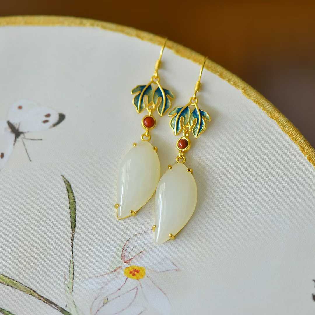 925 Silver Inlaid White Hetian Nephrite "Great Achievement" Willow Leaf Dangle Earrings - jewelry - weilin.com