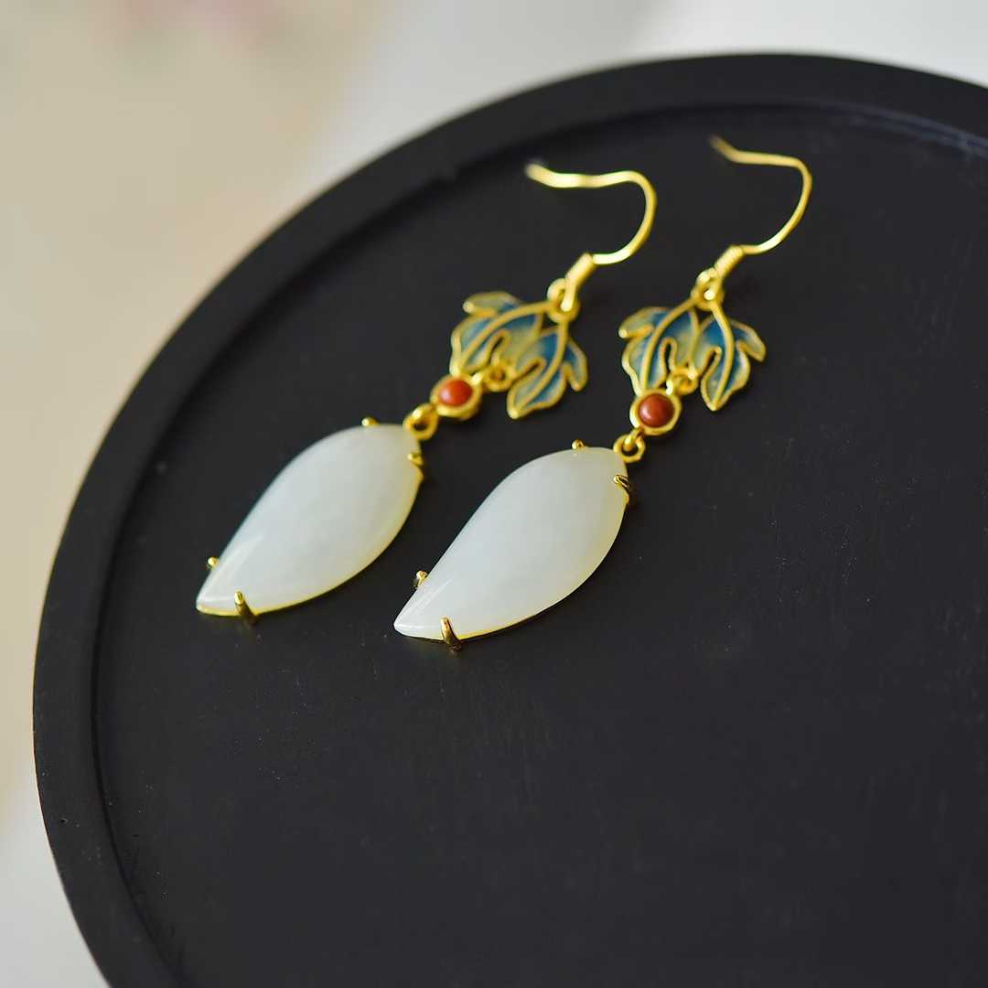925 Silver Inlaid White Hetian Nephrite "Great Achievement" Willow Leaf Dangle Earrings - jewelry - weilin.com