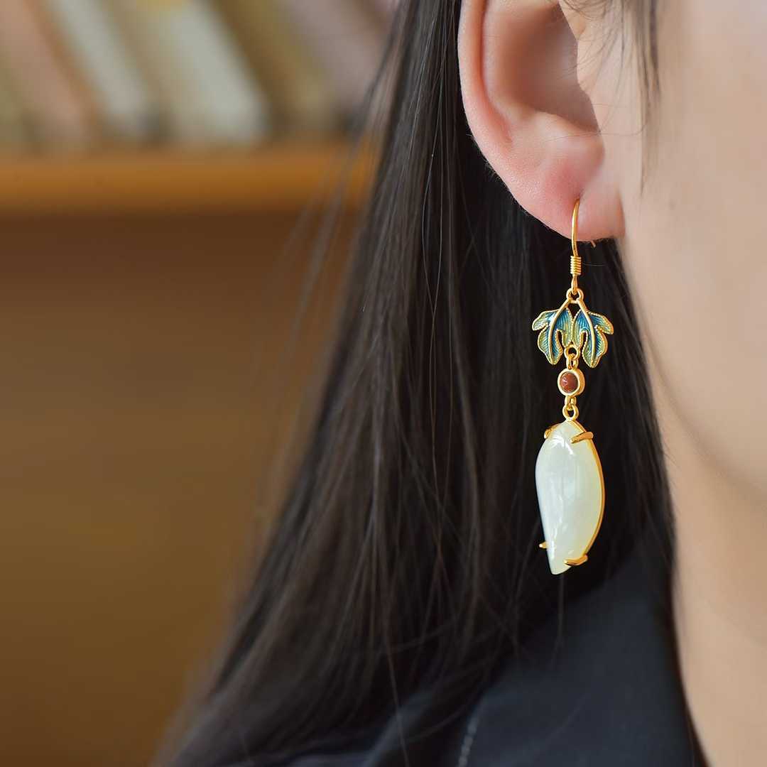 925 Silver Inlaid White Hetian Nephrite "Great Achievement" Willow Leaf Dangle Earrings - jewelry - weilin.com