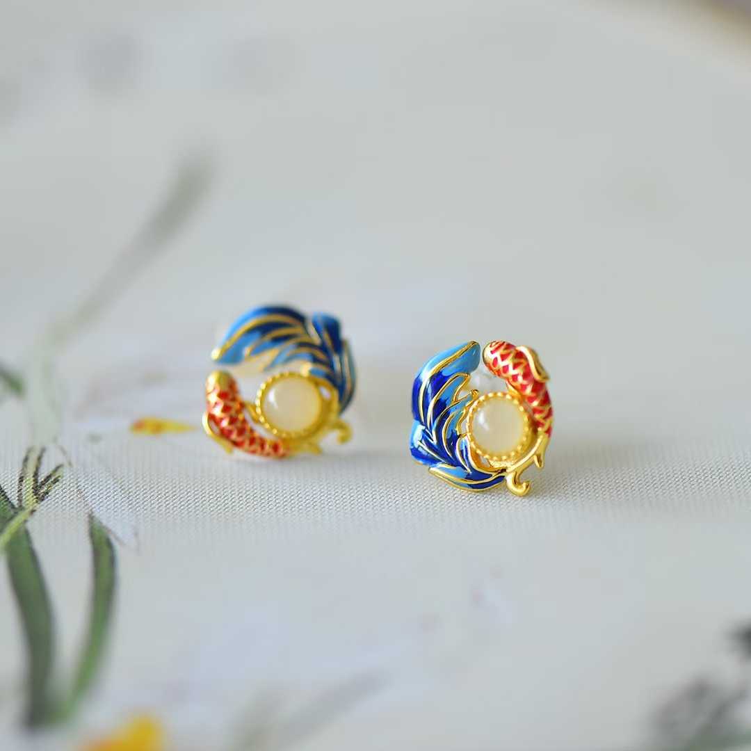 925 Silver Inlaid White Hetian Nephrite "Koi & Luster" Stud Earrings - jewelry - weilin.com