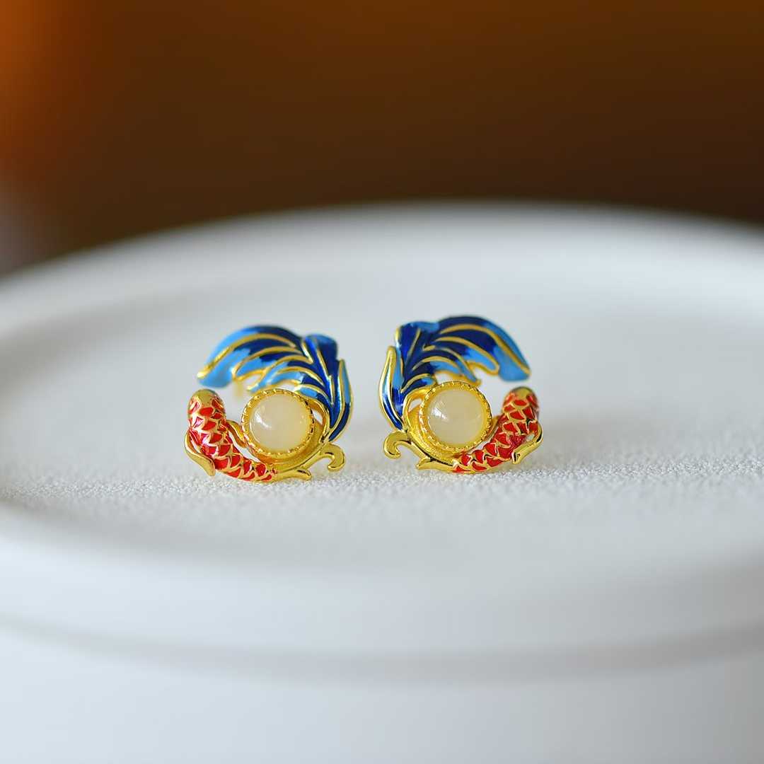 925 Silver Inlaid White Hetian Nephrite "Koi & Luster" Stud Earrings - jewelry - weilin.com