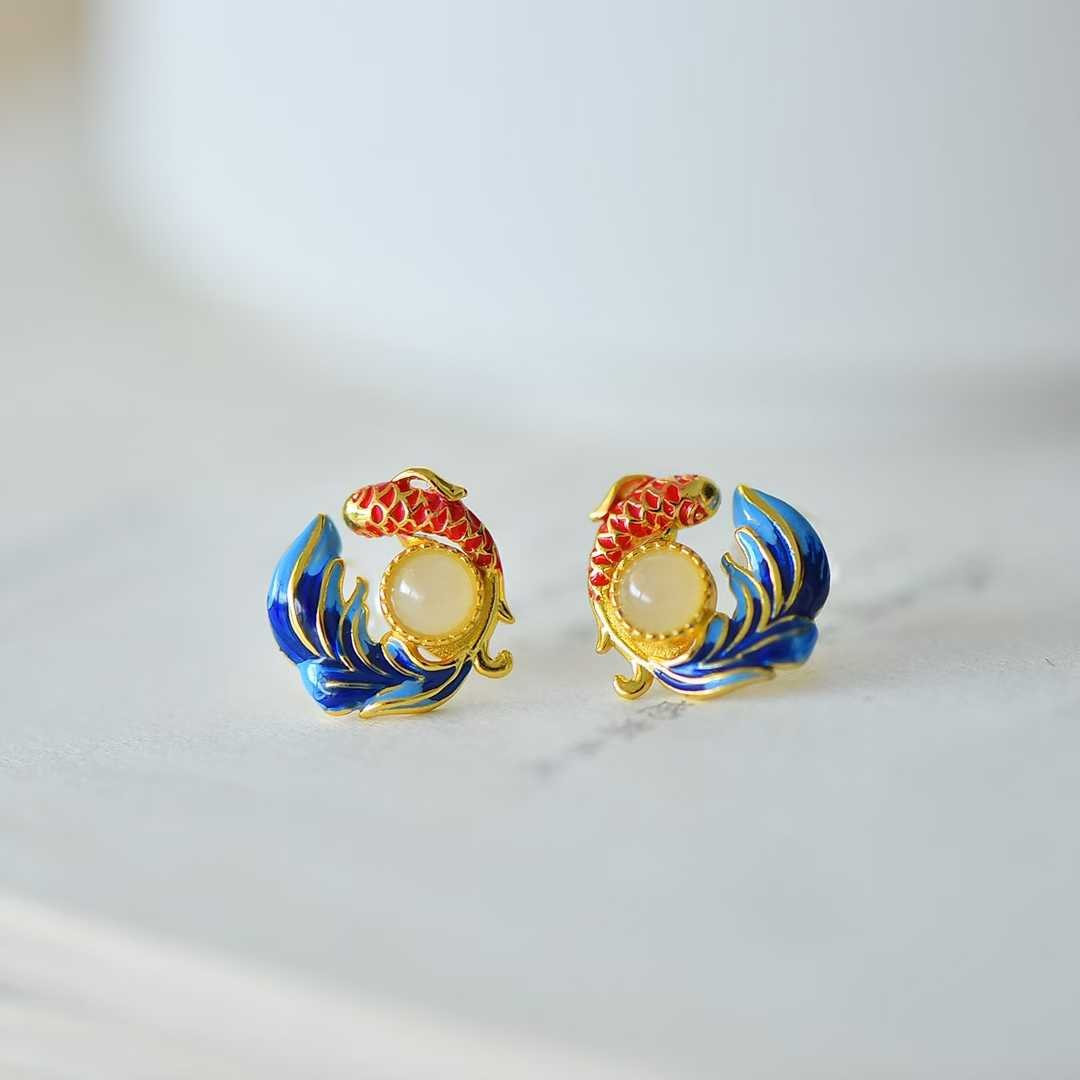 925 Silver Inlaid White Hetian Nephrite "Koi & Luster" Stud Earrings - jewelry - weilin.com