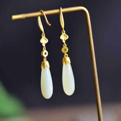 925 Silver Inlaid White Hetian Nephrite Long Drop Earrings - jewelry - weilin.com