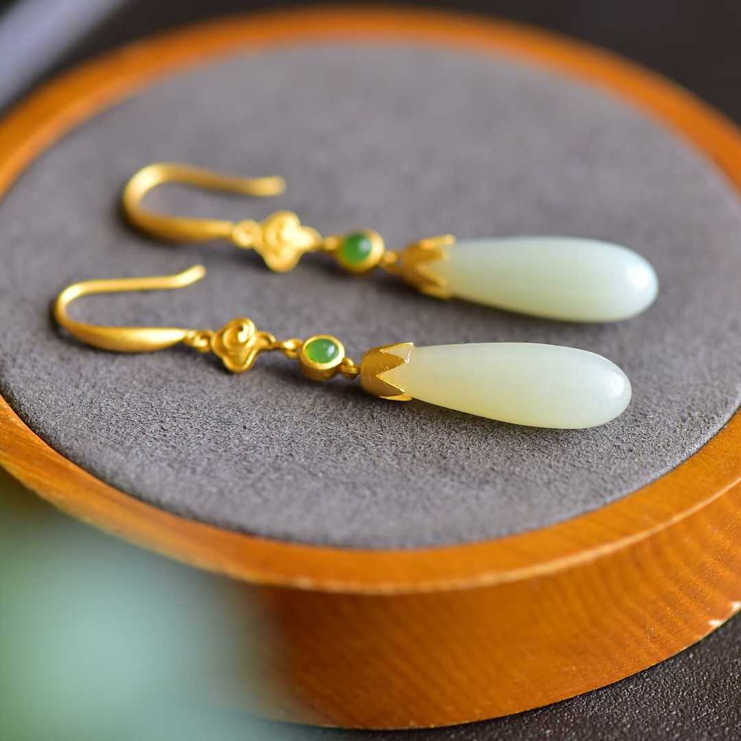 925 Silver Inlaid White Hetian Nephrite Long Drop Earrings - jewelry - weilin.com