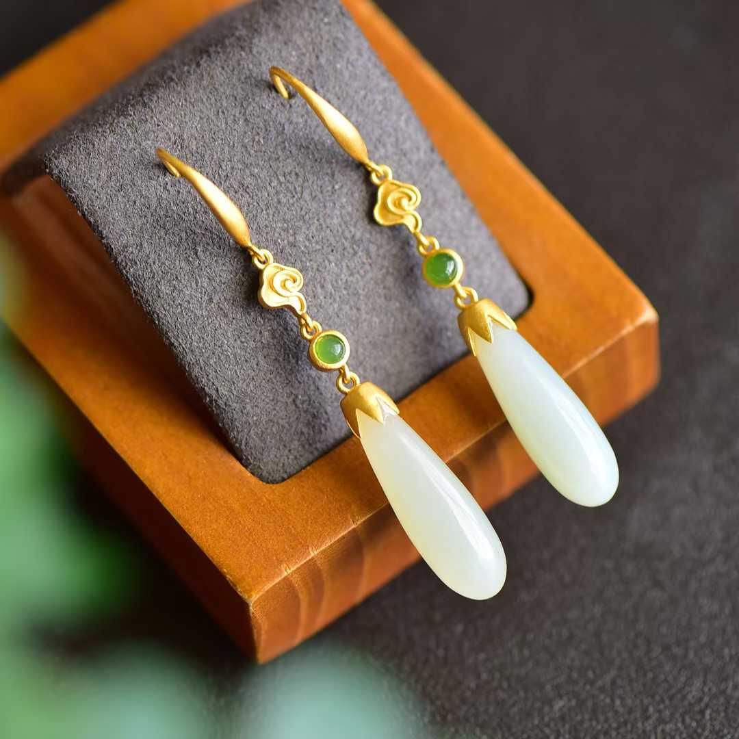 925 Silver Inlaid White Hetian Nephrite Long Drop Earrings - jewelry - weilin.com