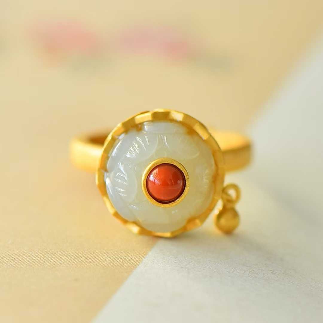 925 Silver Inlaid White Hetian Nephrite "Lotus for Fortune Turning" Ring - jewelry - weilin.com