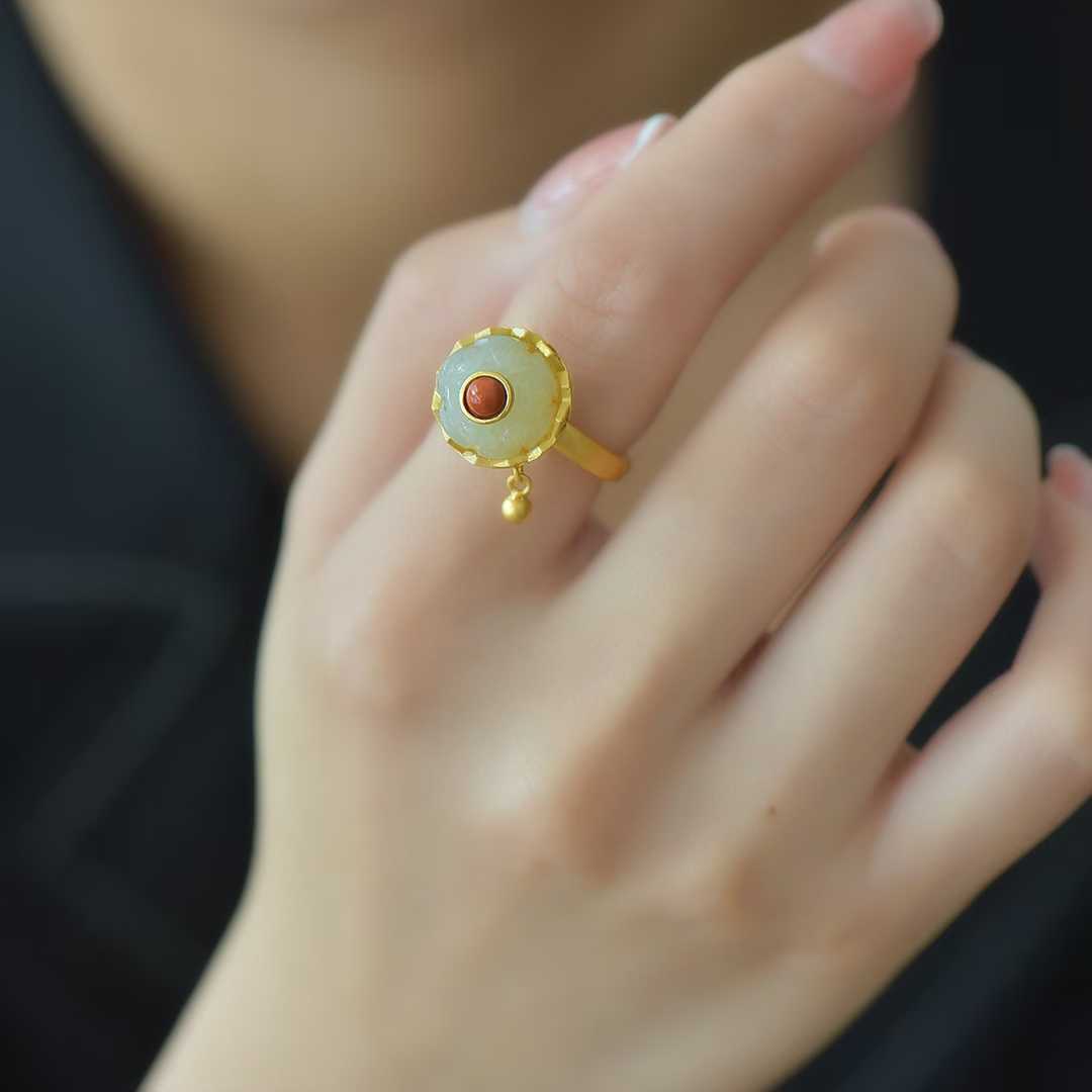 925 Silver Inlaid White Hetian Nephrite "Lotus for Fortune Turning" Ring - jewelry - weilin.com