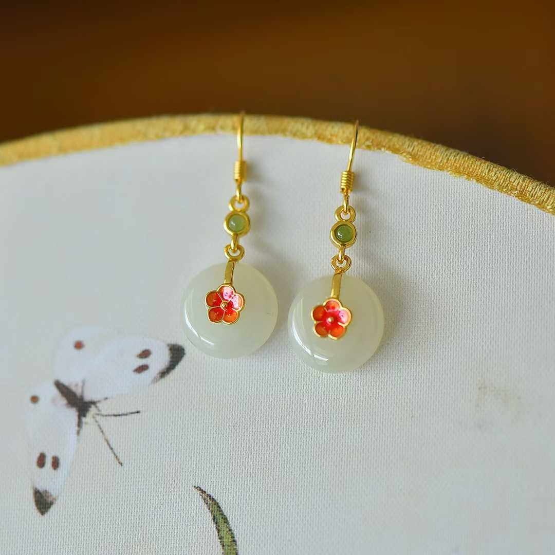 925 Silver Inlaid White Hetian Nephrite "Peace Buckle on Plum Branch" Dangle Earrings - jewelry - weilin.com