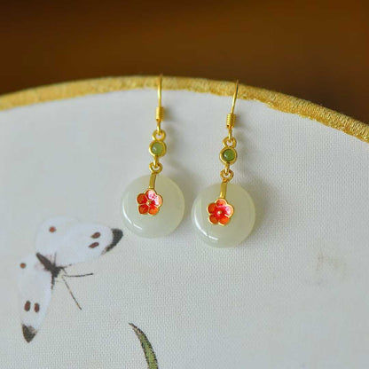 925 Silver Inlaid White Hetian Nephrite "Peace Buckle on Plum Branch" Dangle Earrings - jewelry - weilin.com
