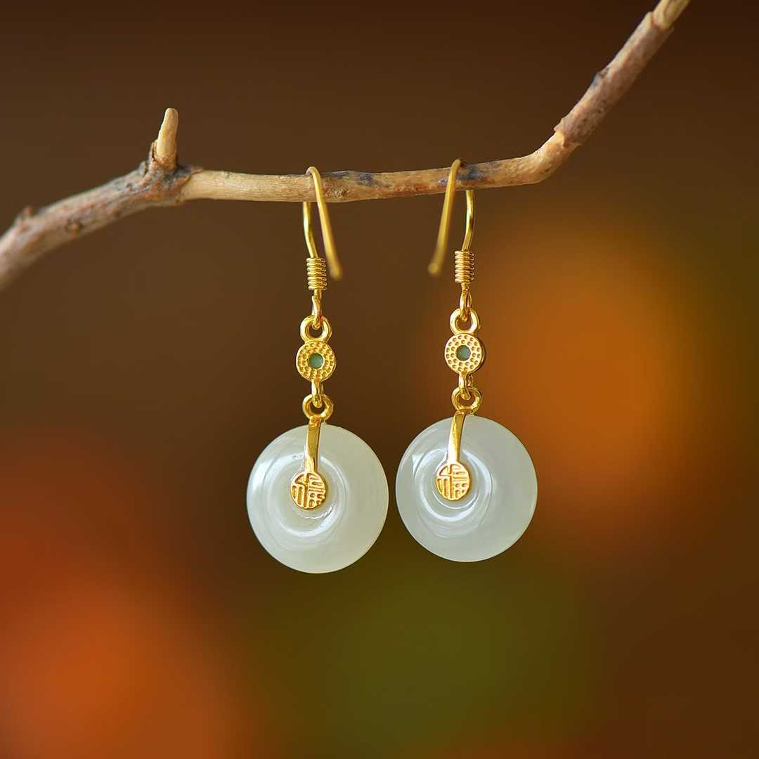 925 Silver Inlaid White Hetian Nephrite "Peace Buckle on Plum Branch" Dangle Earrings - jewelry - weilin.com