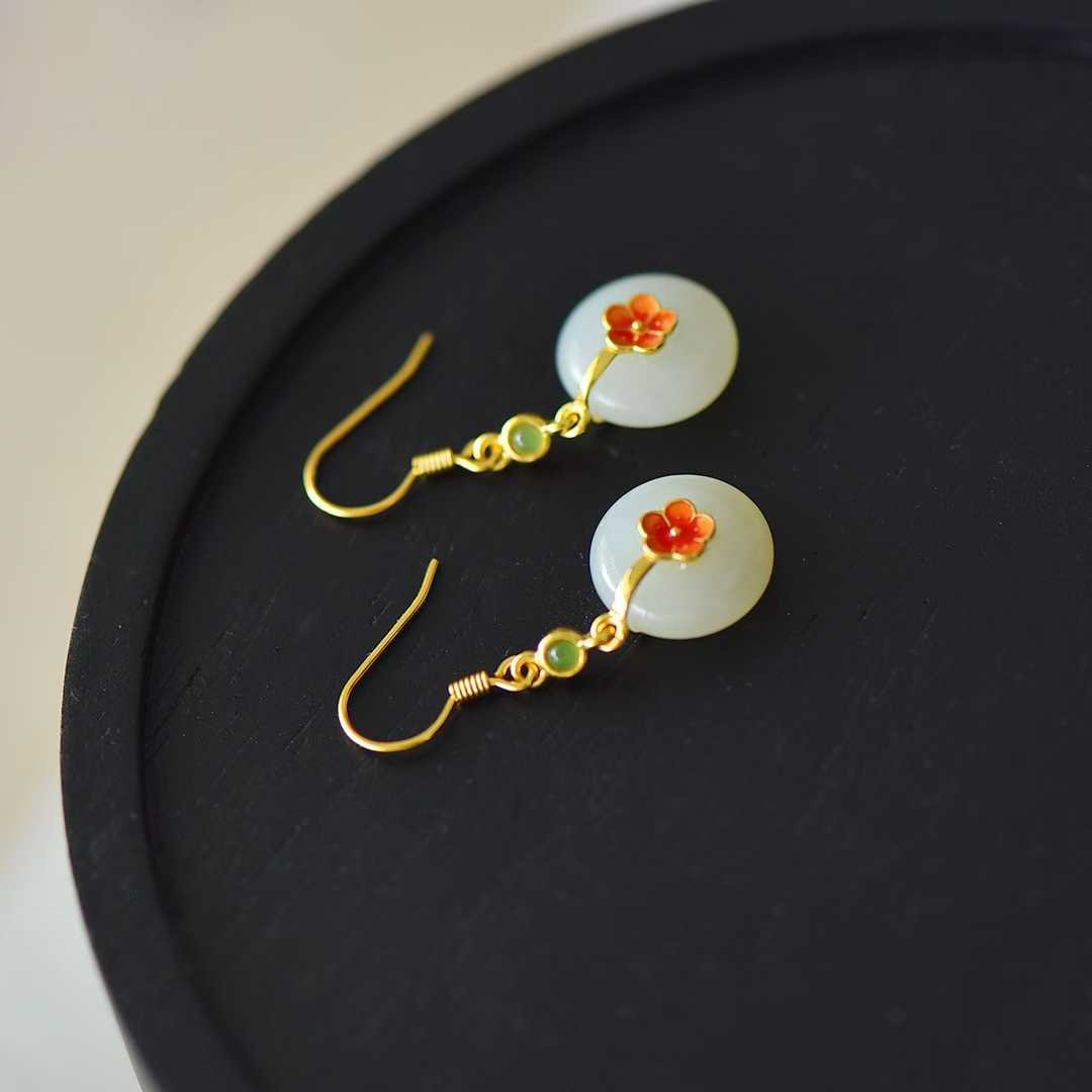 925 Silver Inlaid White Hetian Nephrite "Peace Buckle on Plum Branch" Dangle Earrings - jewelry - weilin.com